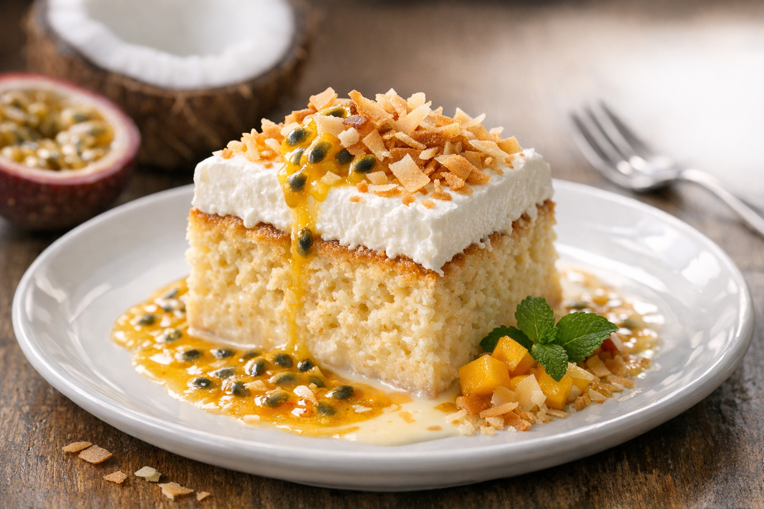Coconut Tres Leches Cake with Toasted Coconut and Passion Fruit