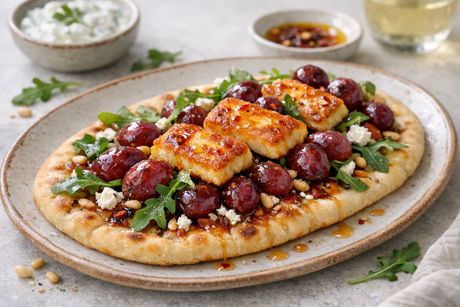Crispy Halloumi and Roasted Grape Flatbread with Hot Honey