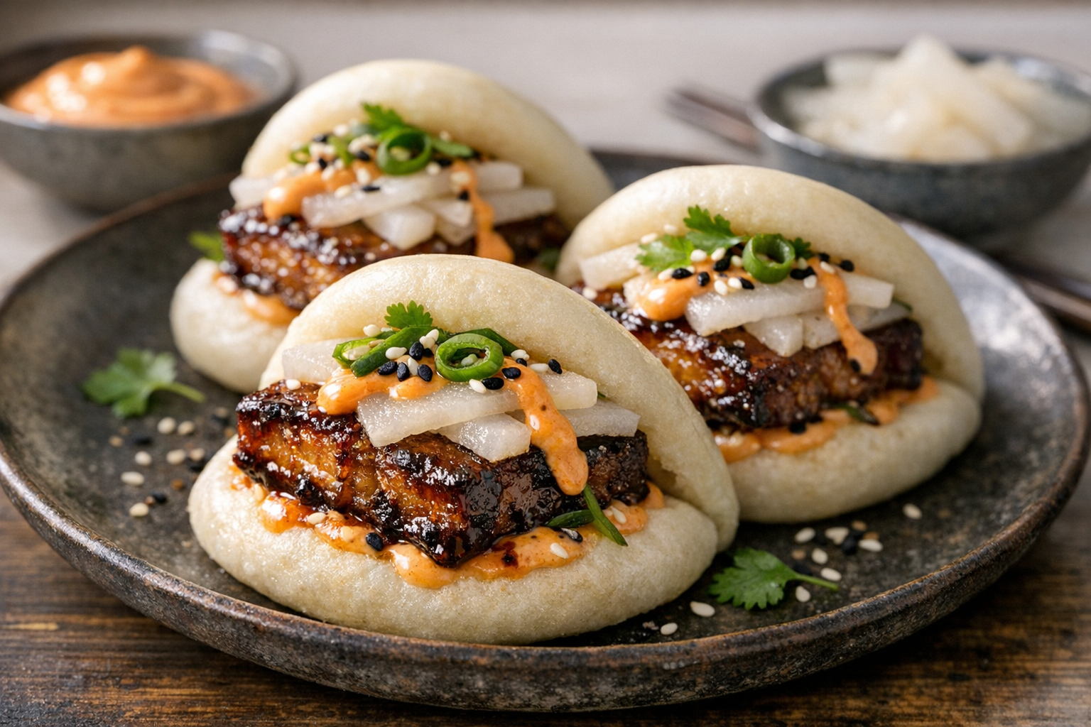 Crispy Miso-Glazed Pork Belly Bao Buns with Pickled Daikon and Sriracha Mayo