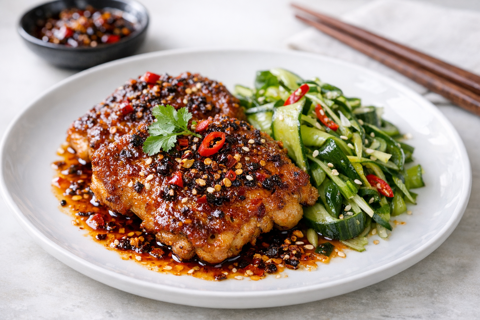 Crispy Szechuan Chili Crisp Chicken Thighs with Cucumber-Scallion Salad