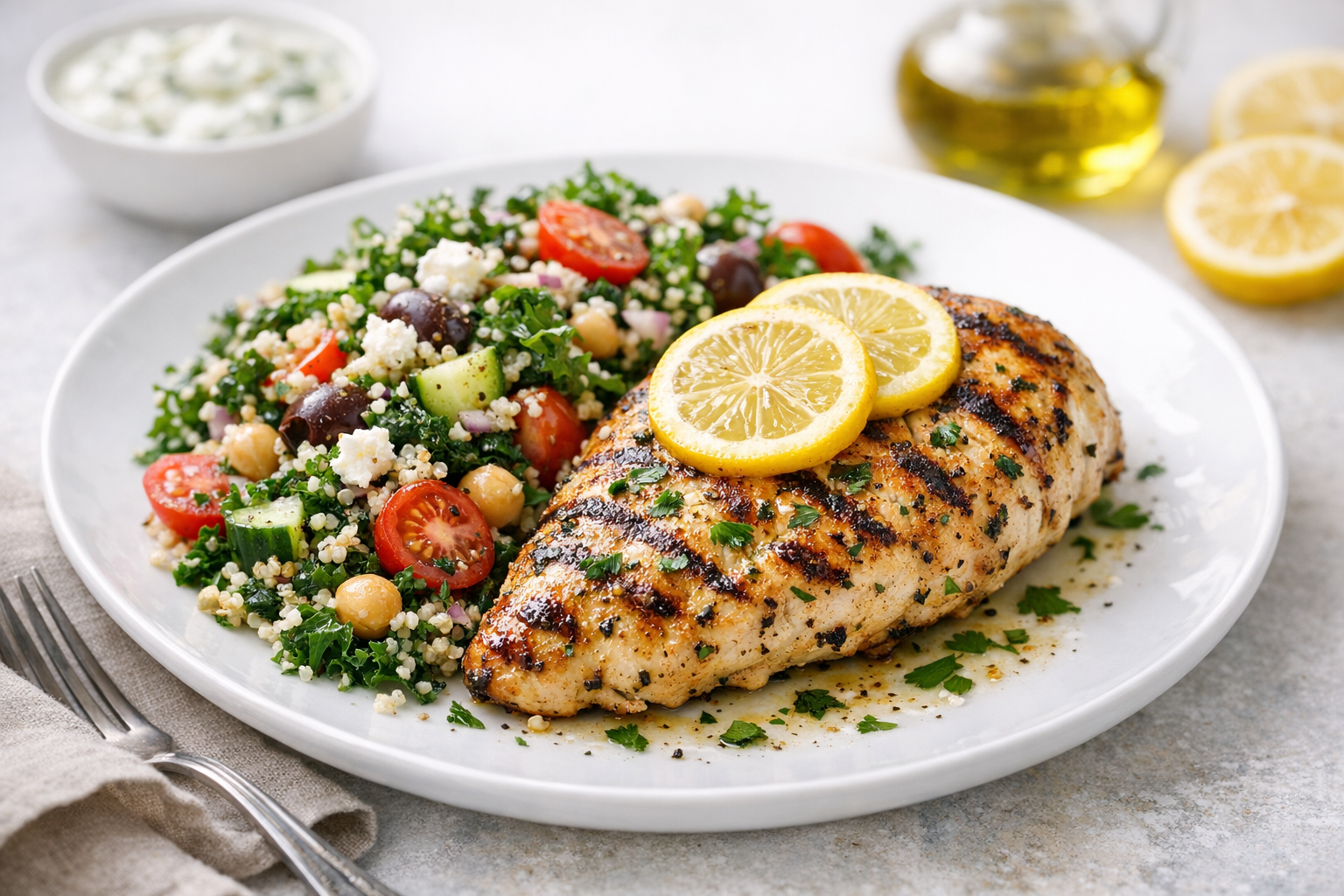 Lemon Herb Grilled Chicken with Quinoa and Kale Salad
