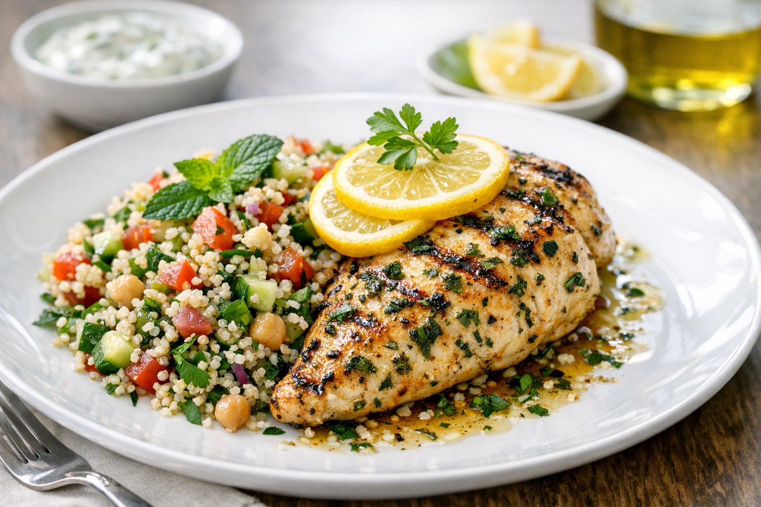 Lemon Herb Grilled Chicken with Quinoa Tabouleh