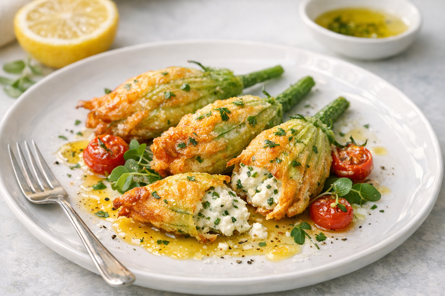 Lemon Herb Ricotta Stuffed Zucchini Blossoms