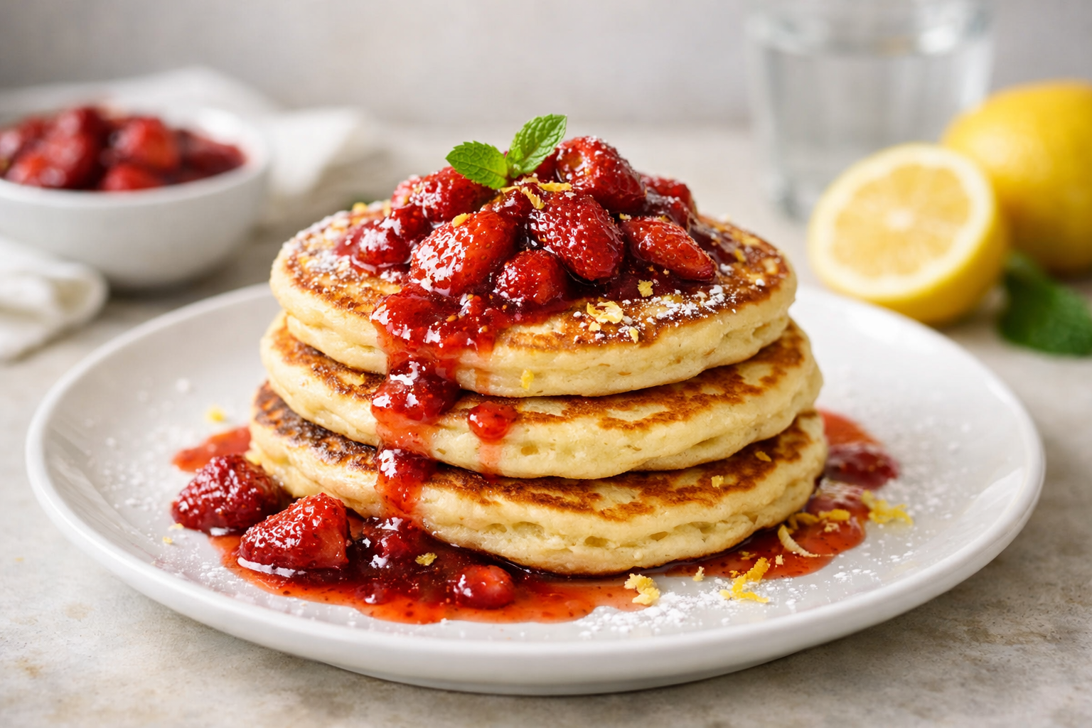 Lemon Ricotta Pancakes with Roasted Strawberry Compote