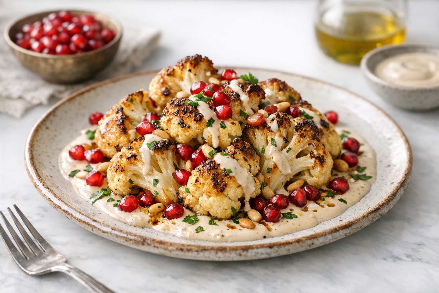 Roasted Cauliflower with Tahini and Pomegranate