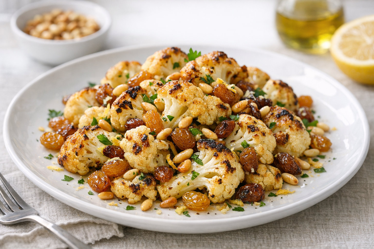 Sicilian Roasted Cauliflower with Pine Nuts and Raisins
