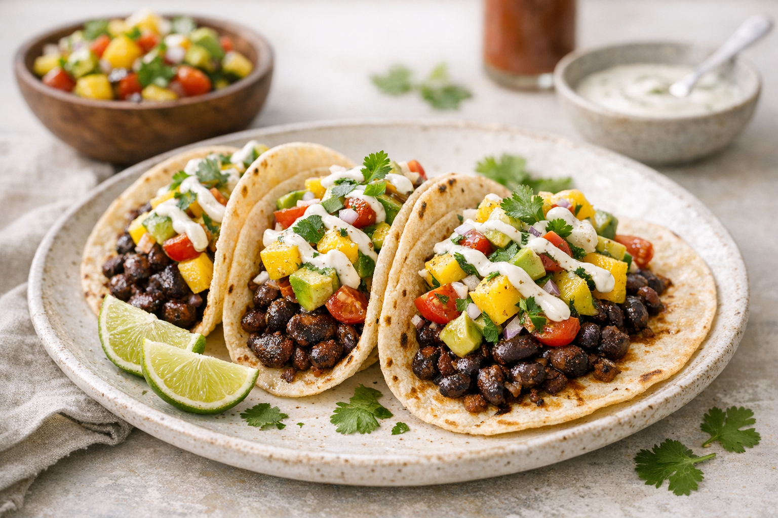 Smoky Chipotle Black Bean Tacos with Mango-Avocado Salsa and Lime Crema