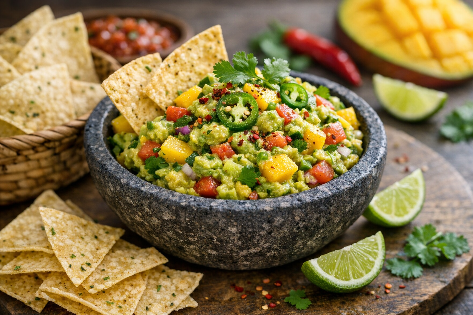 Spicy Mango Guacamole with Lime Tortilla Chips