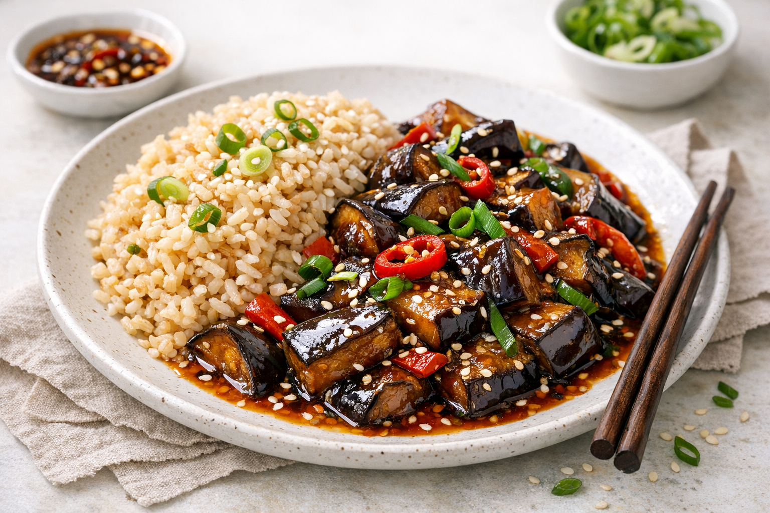 Szechuan Eggplant Stir-Fry with Sesame Ginger Brown Rice